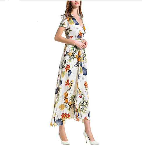 New Bohemian vintage ethnic style Floral holiday style V-neck loose long dress Long skirt