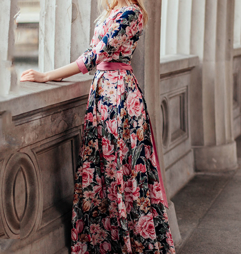 Autumn And Winter Women's Elegant Party Long Bohemian Print Dress