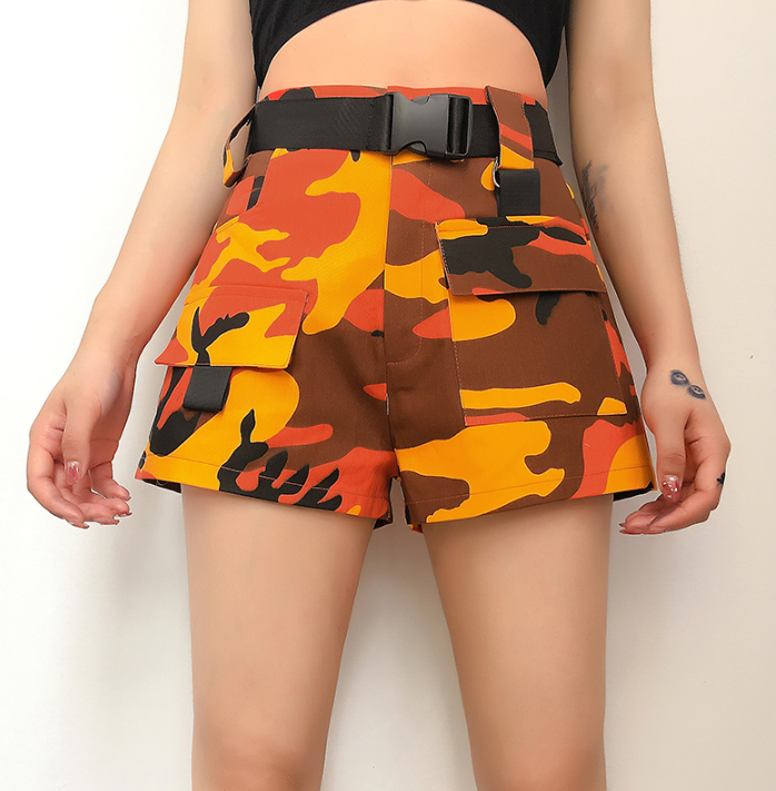Ins summer tooling camouflage shorts women's thin section breathable wild high waist short section hot pants casual pants Orange - Shop at LoveMi