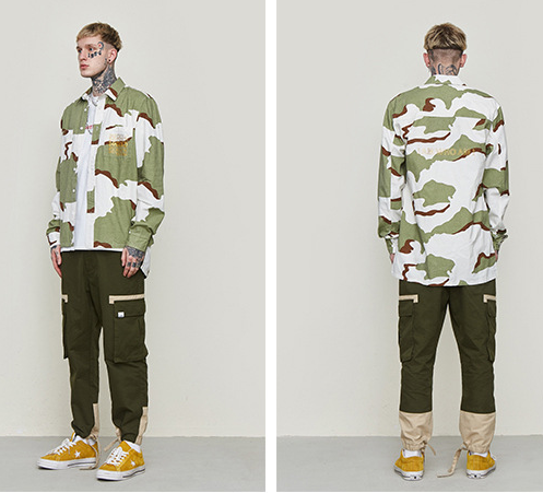 قميص رجالي بطبعة التمويه بطراز الشارع العصري بأكمام طويلة وياقة متصلة بتصميم واسع وأنيق