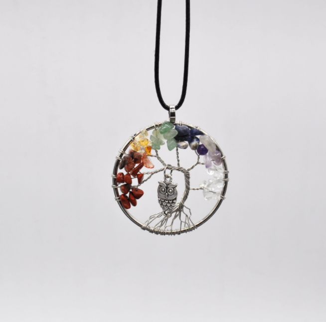 Owl pendant colorful crystal gravel life tree necklace handmade winding jewelry necklace