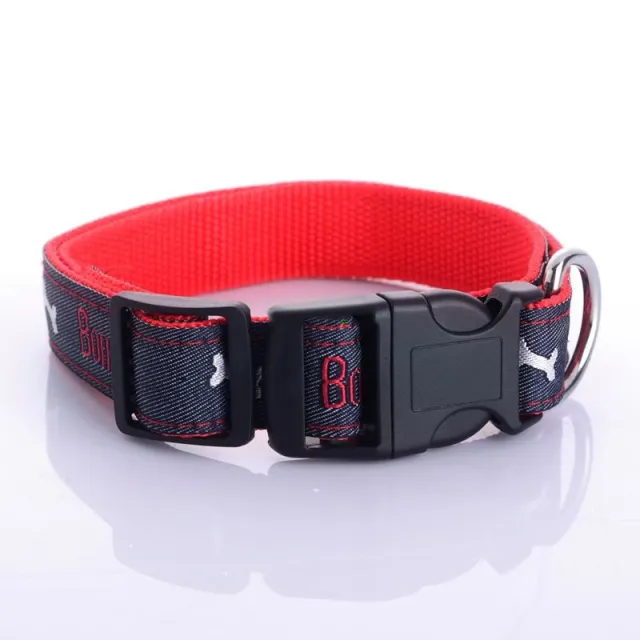 Jeans Dog Collar Embroidered Leather Dog Bone Choker Leash Red - Shop at LoveMi