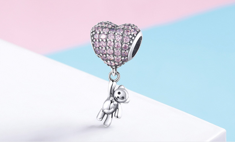 Korean fashion cute bear with balloons 925 silver pendant heart-shaped beaded bracelet silver jewelry accessories SCC1054