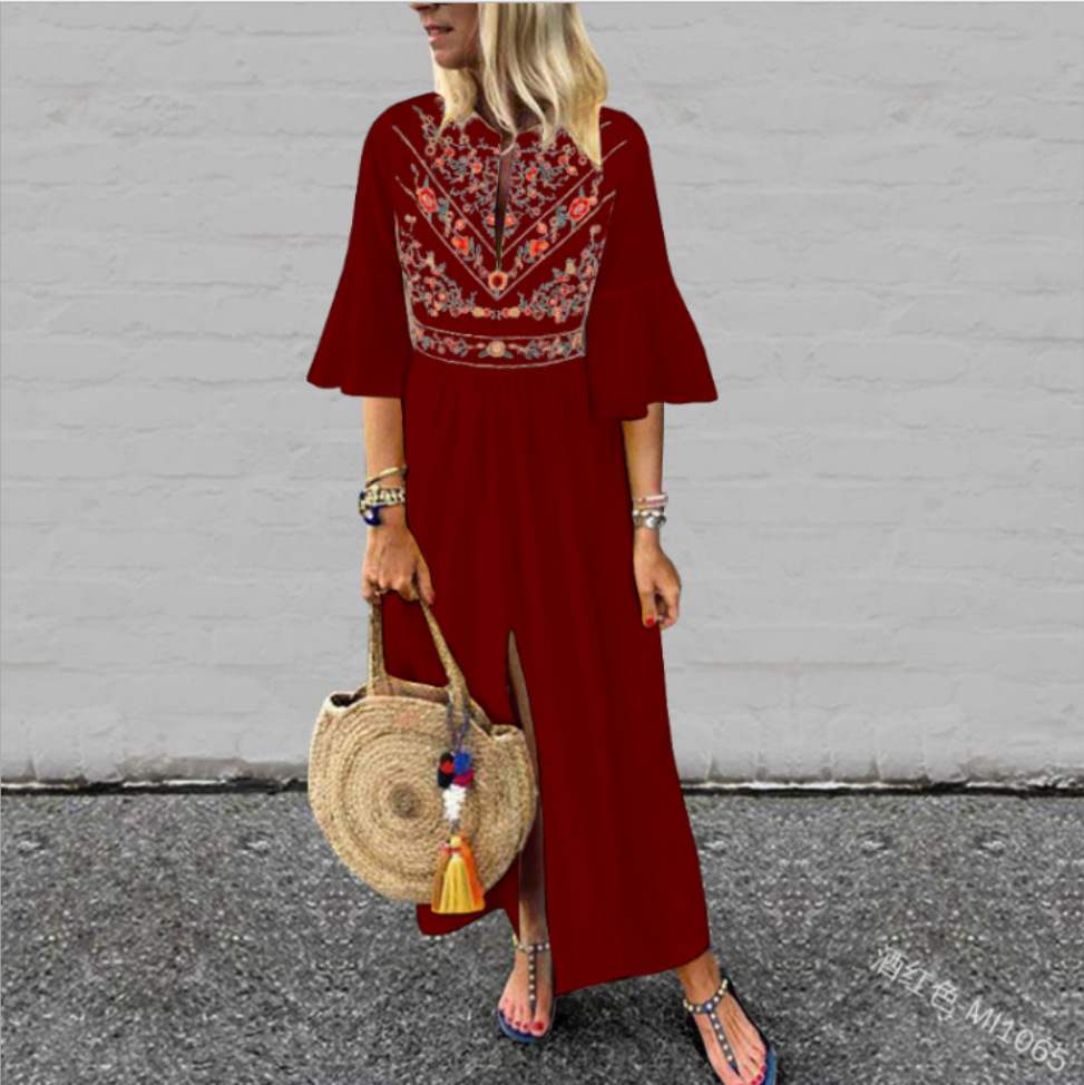 Women Print Sexy V Neck Sleeve Split Long