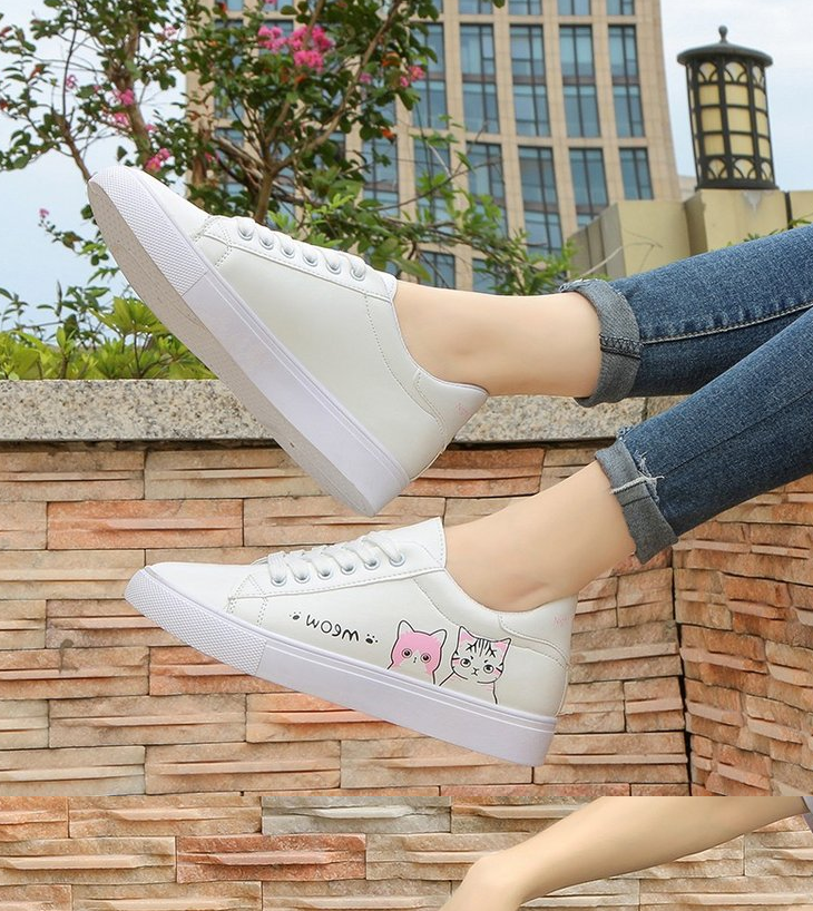 Printed casual shoes women's pu shoes cute cat new fashion lace women's white sports shoes women's casual shoes