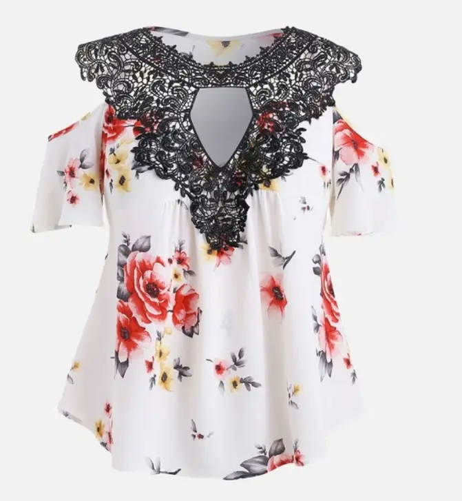 Round neck lace short sleeve irregular T-shirt