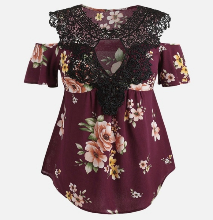 Round neck lace short sleeve irregular T-shirt