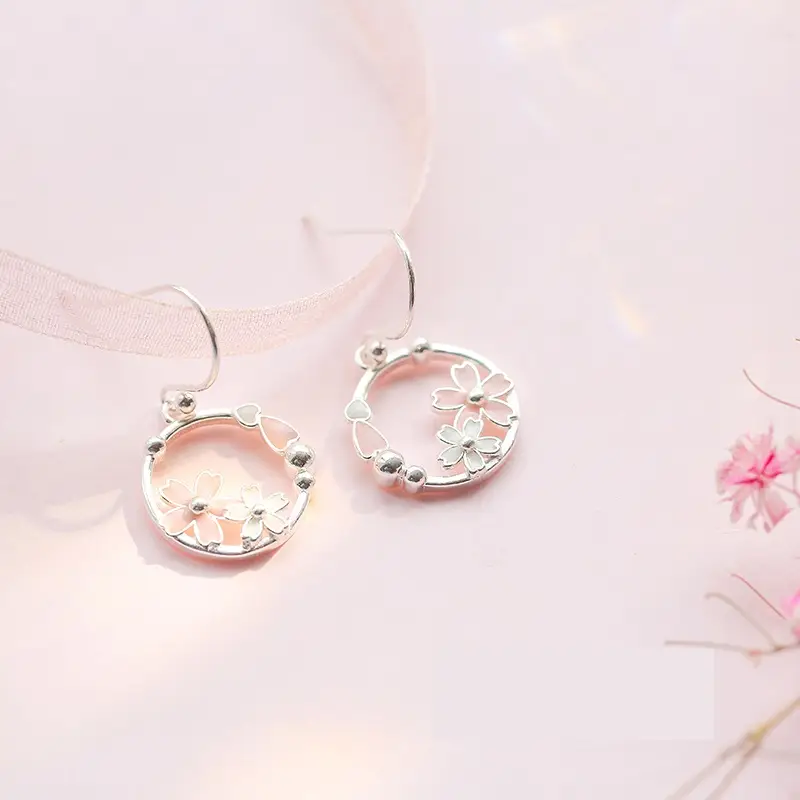 Yinchunchun Cherry Blossom Loop Earrings Pure Silver Girl Heart Earhook Temperament Korean Individual Students Hundred Sets of Simple Earrings