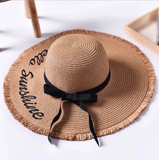 Beach beach big hat embroidered letters raw edge sun hat Khaki - Shop at LoveMi