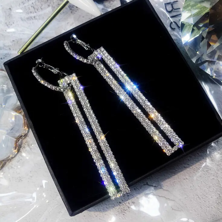 Long square hypoallergenic diamond earrings
