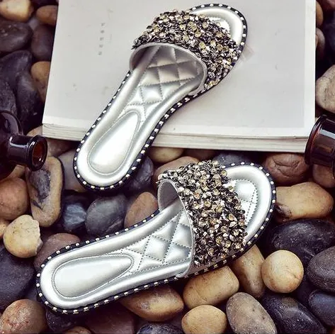 Summer sandals, sequined flowers, sandals, ladies flat slippers Silver - Shop at LoveMi