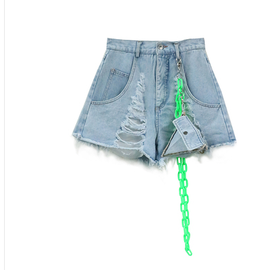 European goods summer new wash water worn denim shorts female chain triangle bag casual pants wild hot pants Blue - Shop at LoveMi