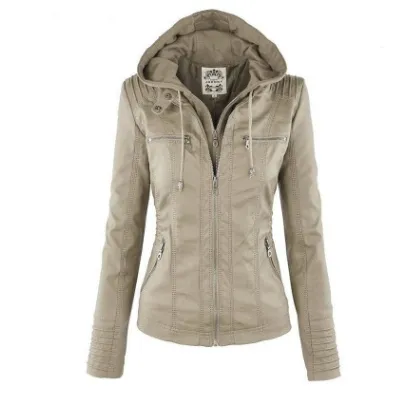 Fashion Detachable Hooded Jacket With Pockets Casual Solid Color Zipper Long Sleeve Leather Coat Autumn Winter Women's Clothing Apricot - Shop at LoveMi