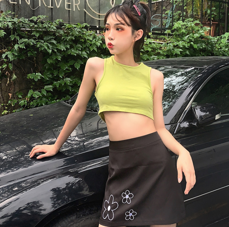 Summer New Korean Version Of The Wild Tooling Halter Vest Tops Women Flowers Embroidery A Word Skirt
