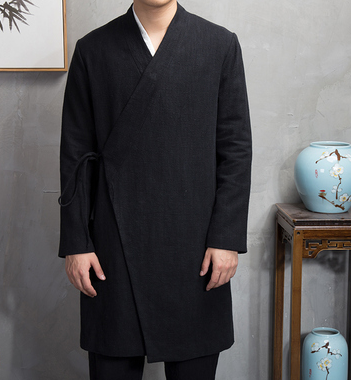 Spring national costume Chinese style ancient cotton and linen slanting Hanfu men's japan meditation jacket long traditional trench coat