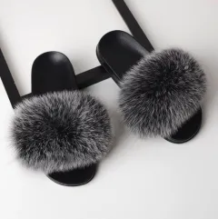 Real hair fox fur slippers female summer word drag fur plush shoes outside wearing sandals slip flat bottom - Silver - View 1