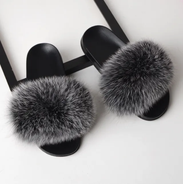 Real hair fox fur slippers female summer word drag fur plush shoes outside wearing sandals slip flat bottom Silver - Shop at LoveMi