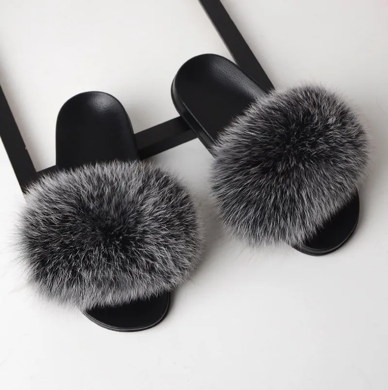 Real hair fox fur slippers female summer word drag fur plush shoes outside wearing sandals slip flat bottom - Silver
