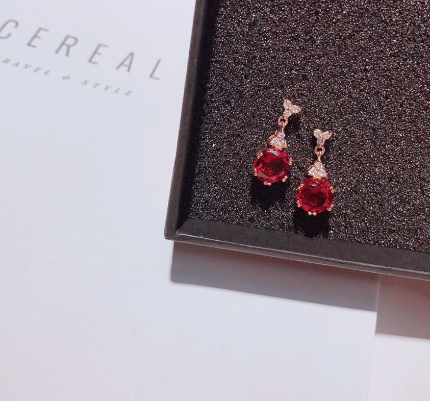 S925 silver needle Korean water drop ruby earrings