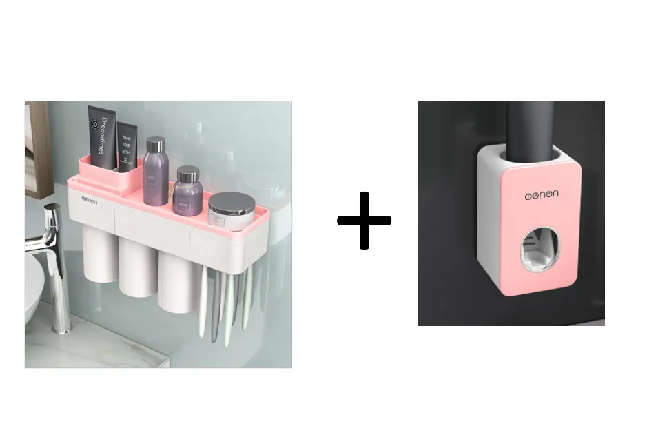 Mode ventouse magne tique ensemble m nage brosse tagre tasse tagres Trois famille dent cylindre couple coupe brosse dents - Pink