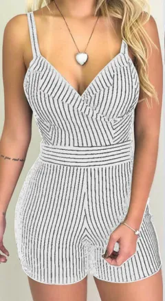 Sleeveless Casual Stripe V-neck Sling Slim Fit Shorts - White - View 1