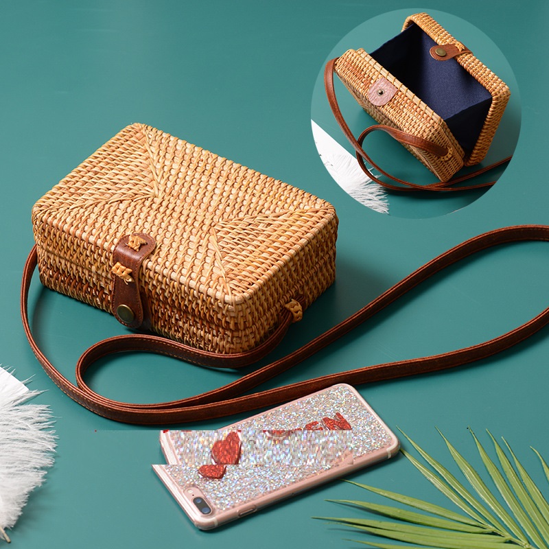Rattan bag ins diagonal mini bag Sen basket basket tweezers retro literary hand-woven leather buckle bag