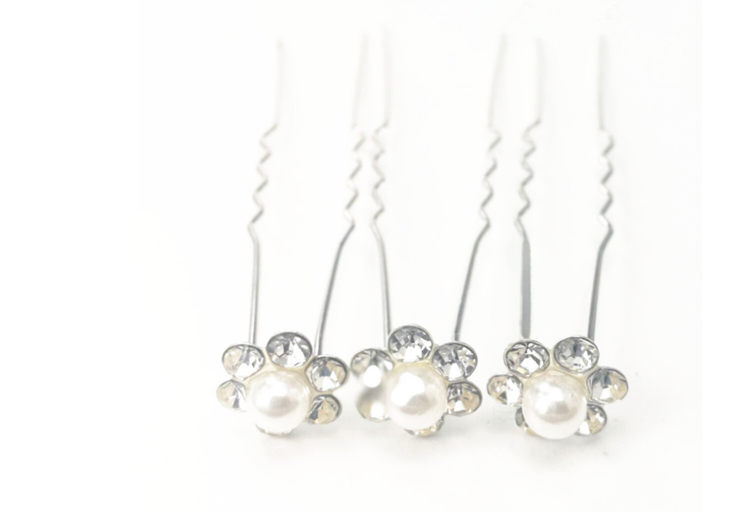 Pearl U shaped bun Bridal plate hair fork pearl rhinestone flower studded hair clip White Pearl - Shop at LoveMi