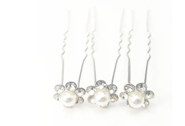 Pearl U shaped bun Bridal plate hair fork pearl rhinestone flower studded hair clip White Pearl - Shop at LoveMi