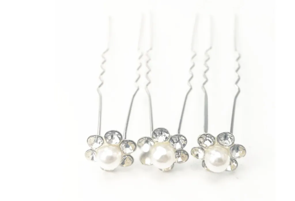 Pearl U-shaped bun Bridal plate hair fork pearl rhinestone flower-studded hair clip - White Pearl