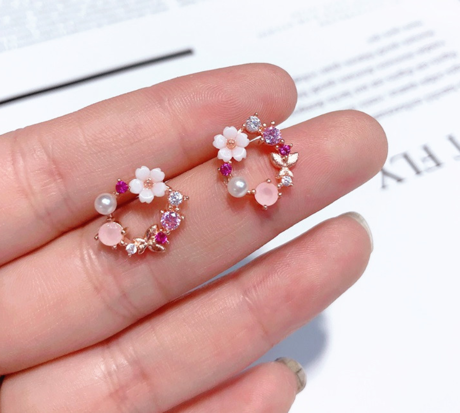 Shell flower earrings wild pearl rhinestone earrings ear jewelry