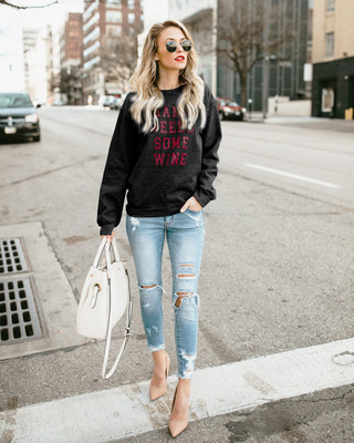 Autumn new ladies fashion trend round neck long-sleeved letter sweater casual sweater autumn coat