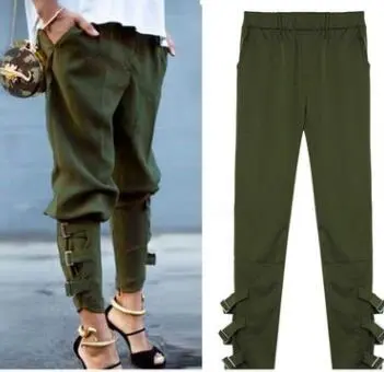 Women's solid color casual strap trousers pants pants Army Green - Shop at LoveMi