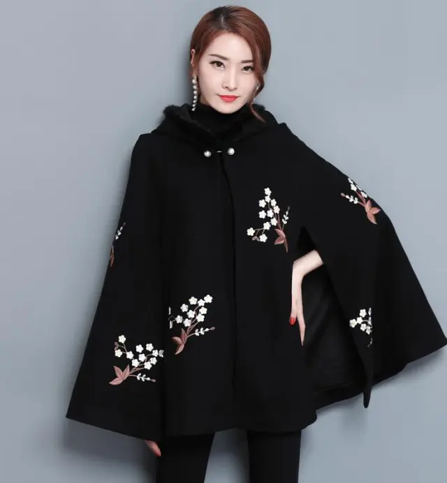 Style Women's Embroidery Flower Cloak Shawl Cloak Black - Shop at LoveMi