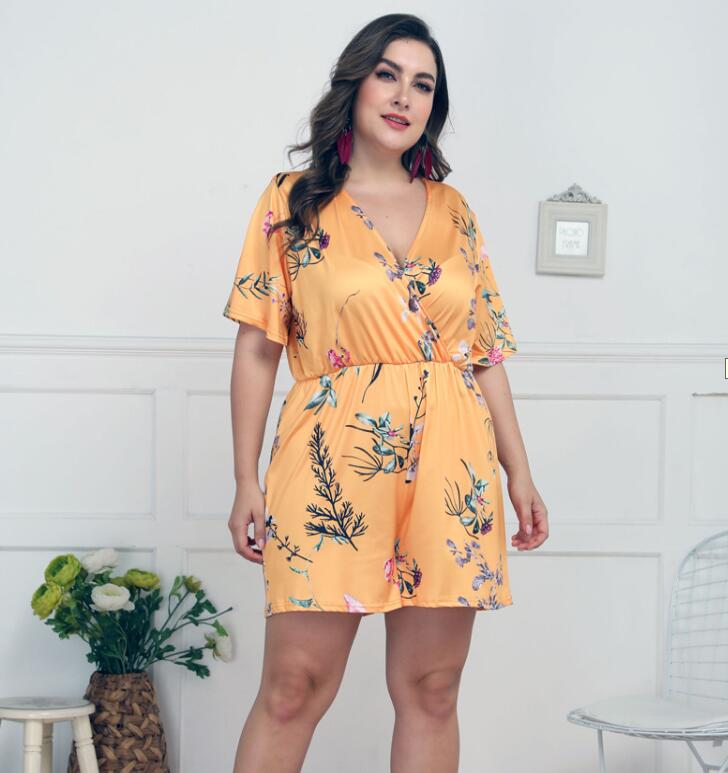 Women's Deep V Print Short Sleeve Waist Casual Siamese Shorts