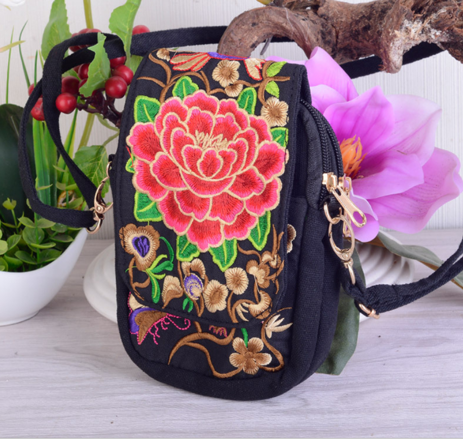 Yunnan National Embroidery Bag Embroidered Canvas Mobile Phone Bag Three-layer Coin Purse Women's Small Crossbody Bag