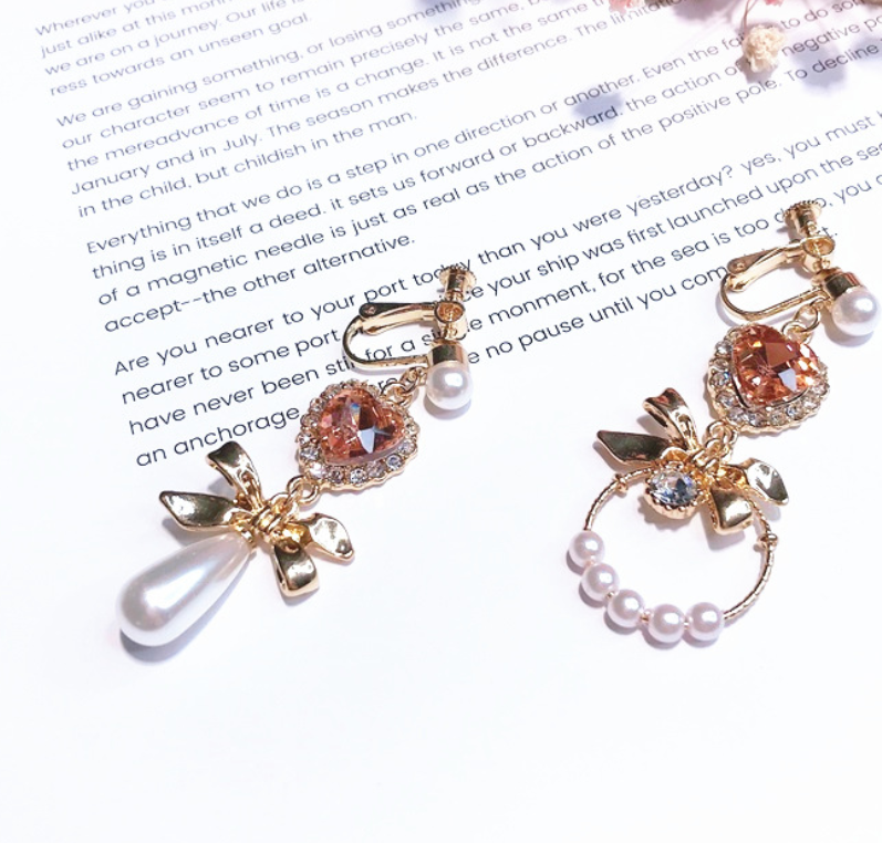Metal bow with diamond heart love orange gemstone pearl tassel earrings