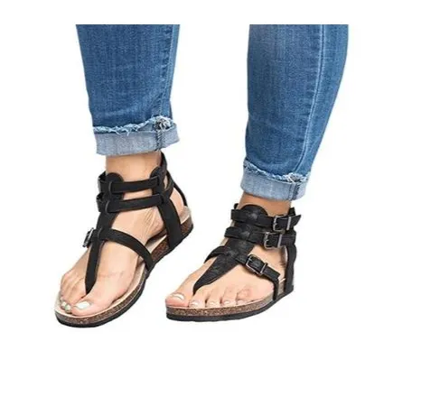 Flat bottom ankle strap buckle sandals Black - Shop at LoveMi