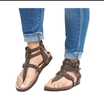 Flat bottom ankle strap buckle sandals Brown - Shop at LoveMi