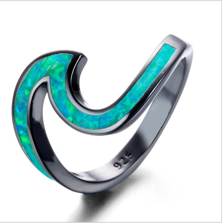 Women's Ring Gold Plated Black Opal White Ocean Wave