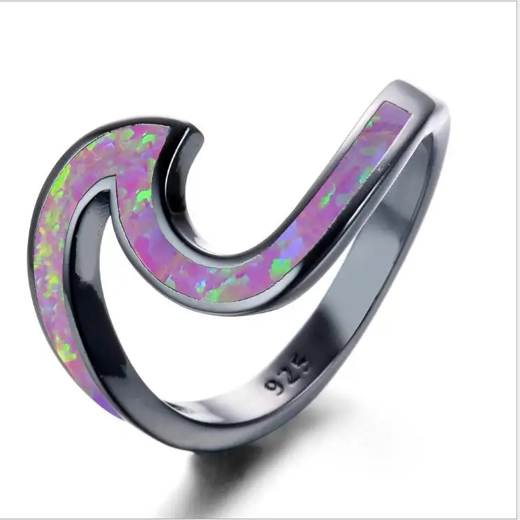 Women's Ring Gold Plated Black Opal White Ocean Wave