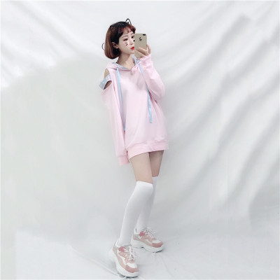 Pink soft girl off-the-shoulder hooded sweater