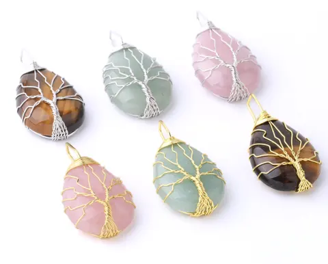 Natural Stone Pendant Gold Color Wire Wrap Gem