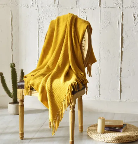 Fringed Knitted Small Blanket Napping Blanket Sofa Blanket - Yellow
