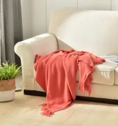 Fringed Knitted Small Blanket Napping Blanket Sofa Blanket - Orange - View 1