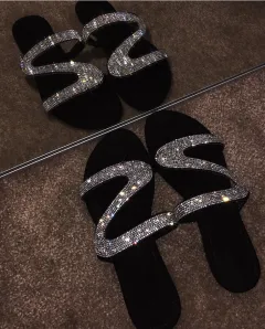 Diamond flat sandals slippers - Black - View 1