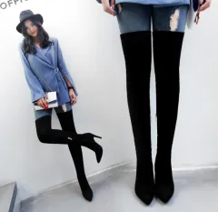 Suede and velvet high heel long boots - Black - View 1
