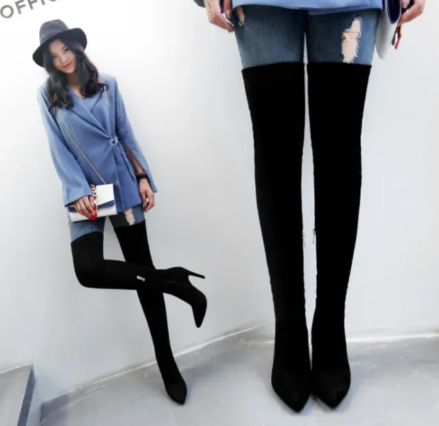Suede and velvet high heel long boots Black - Shop at LoveMi