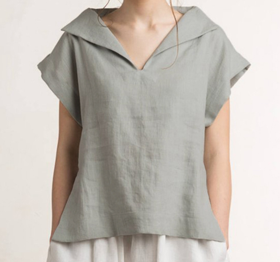 Lapel cotton outdoor solid color short-sleeved women