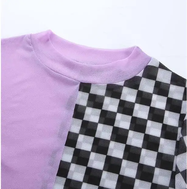 summer new Amazon cross-border ins contrast color checkerboard stitching mesh breathable short-sleeved T-shirt one generation