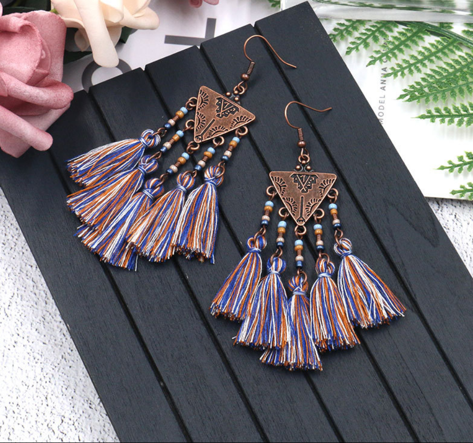 Triangle rice beads tassel earrings